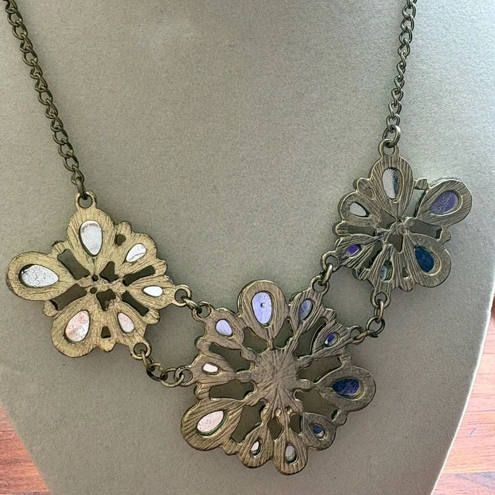 Statement Cluster Floral Necklace Bronze Tone Amber Crystals